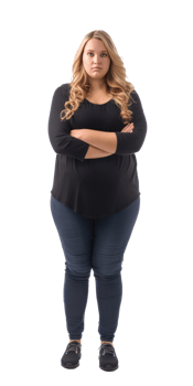 a woman in jeans and a black top standing with her arms crossed png