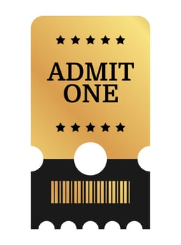 Vertical golden ticket template design, admit one, barcode. Cinema, theater, casino gold ticket. Metal gradient coupon. illustration on white background vector