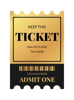 Vertical golden ticket template design. Cinema, theater, casino, concert, film, party, festival gold ticket. Metal gradient coupon. illustration on white background vector