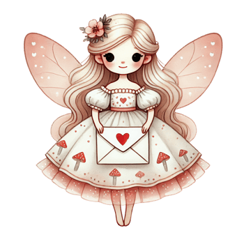 A cute fairy with flowing hair, delicate pink wings, a mushroom-patterned dress, and a love letter in hand. png
