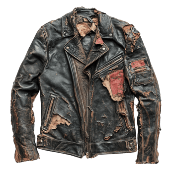 Aged Black Leather Biker Jacket with Extensive Wear, Patches, and Metal Accents png