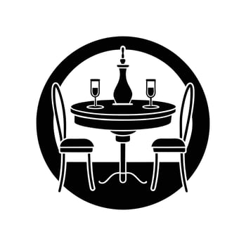 A black and white logo of a table and chairs vector