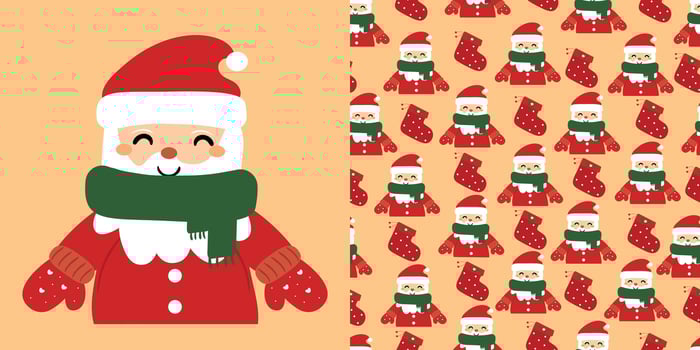 Christmas cute santa claus card and cute santa claus cartoon pattern, cute christmas and winter wallpaper for fabric prints, gift wrapping paper vector