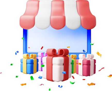 3D striped awning in computer and gift boxes. png