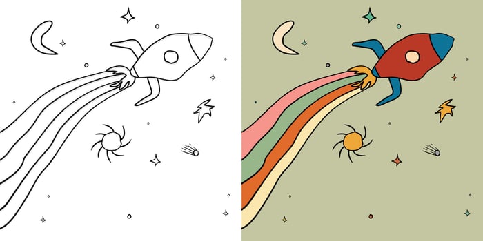 Groovy cartoon retro style space rocket seamless pattern, coloring page 60s 70s 80s space galaxy universe illustration vector