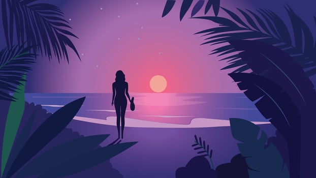 Back View of Woman Silhouette on the Beach Landscape with Tropical Plants and Sun at Sunrise vector