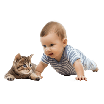 little baby boy lays on his stomach crawling on the floor beside puppy cat isolate on transparent background png