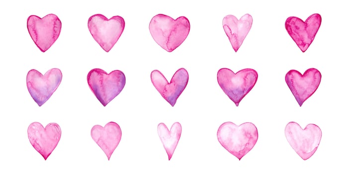 Heart Icons in Watercolor Style. Hand painted love signs perfect for decorating cards, banners. Mother's day, Valentine's Day cute ornaments vector