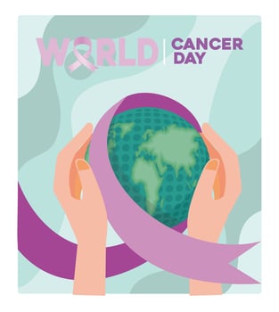 World Cancer Day banner with hand holding cancer awareness ribbon. vector