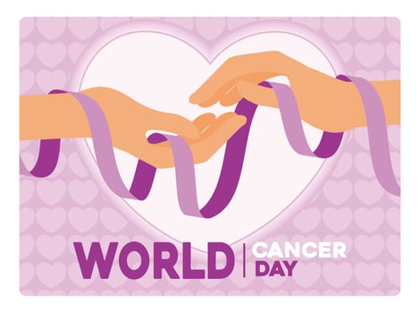 World Cancer Awareness Day with purple hands and ribbon. vector