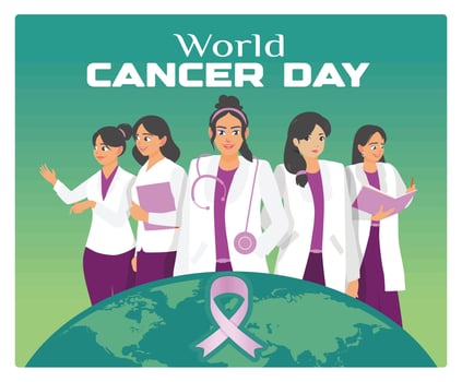 Female doctors and medical personnel celebrate World Cancer Day. vector