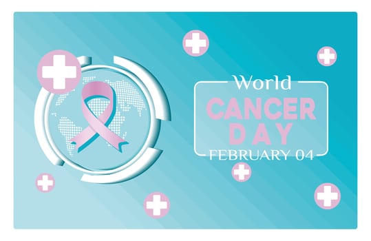 World Cancer Day with awareness ribbon and global health symbols. vector