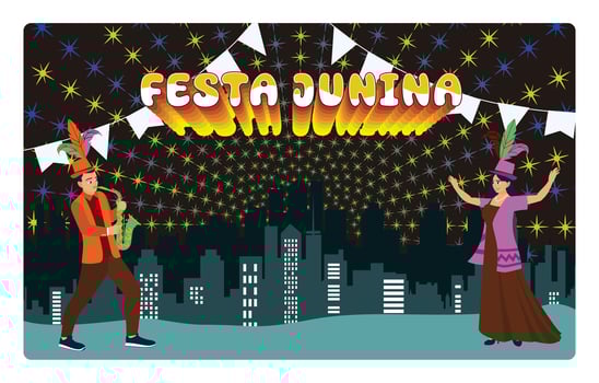 Festa Junina celebration at night with musicians and dancers. vector
