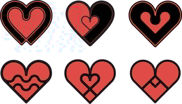Set of hearts, different kinds of heart shape red and black color. vector