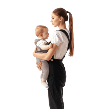 a woman holding a baby in a carrier isolate on transparent background png