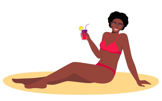Black woman dressed in swimsuit sunbathing on the beach with cocktail in her hand and smiling. Summer vacations. Beautiful sexy girl in bikini. illustration. vector
