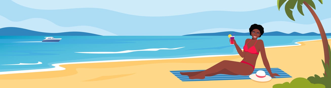 Black woman dressed in swimsuit sunbathing on the beach vector
