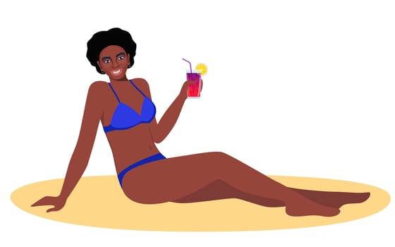 Black woman in swimsuit sunbathing on the beach with cocktail in her hand and smiling. Summer vacations. Beautiful sexy girl in bikini. illustration. vector