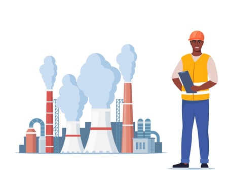 Engineer in orange vest and protective helmet. Factory plant with smoking towers and pipes. Management worker black man. illustration. vector
