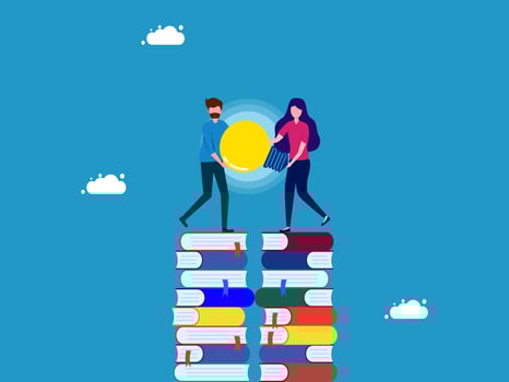 two people standing on top of books with a globe vector
