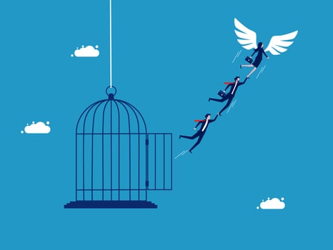 business people flying away from a cage with an angel vector