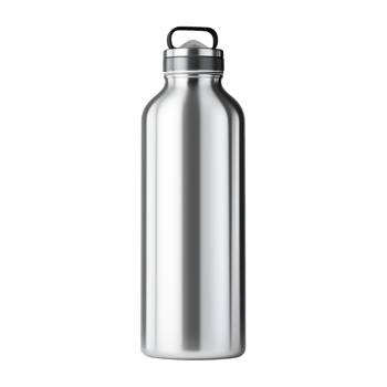A stainless steel reusable water bottle with a narrow neck and black screwon cap png