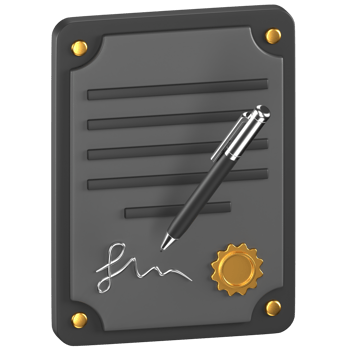 3d icon of a black contract paper with a silver pen and golden badge png
