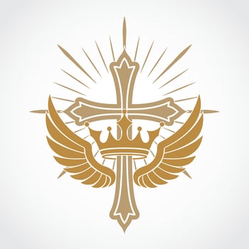 cross with crown and wings gold symbol vector