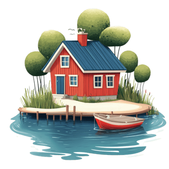 Charming Cartoon House on Water Illustration for Kids Decor on transparent background png