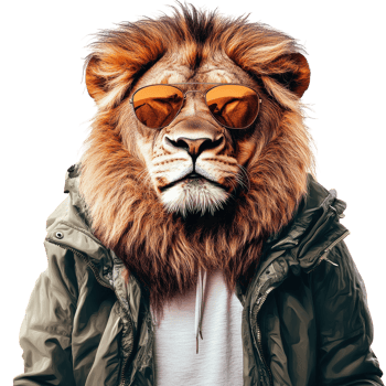 Majestic Lion in Streetwear Fashion for Urban Lifestyle Imagery on transparent background png