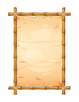 Rectangular bamboo frame with worn parchment paper and realistic details. Perfect for banners and text. Cartoon illustration vector