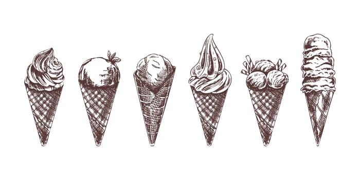 Hand-drawn vintage ice cream cones collection in sketch style vector