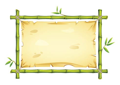 Green bamboo frame with blank parchment and leaves, ideal for tropical or nature design. Cartoon illustration vector