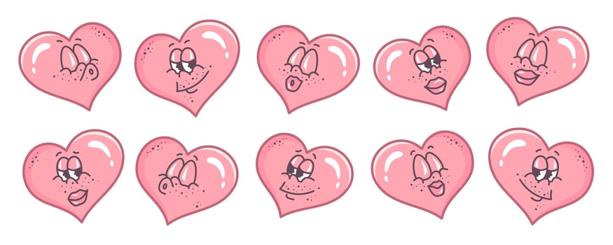 Heart character set. Valentine hearts smile at each other. Flirting couple. Doodle Hand drawn outline Groovy hearts in Retro style. Valentine's Day clipart. illustration vector