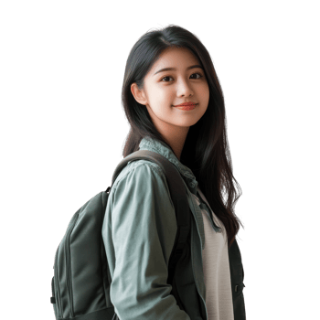 Asian Female University Student Carrying a Backpack on Campus on Transparent Background png
