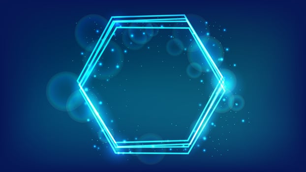 Neon hexagon frame with shining effects and sparkles vector