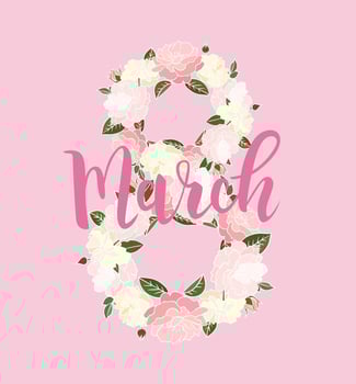 Floral greeting card design for Women's Day with hand drawn lettering on pink background. 8 march vector
