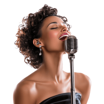 Female Singer with Microphone Isolated on White Background for Music Promotion on Transparent Background png