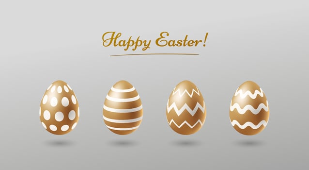 Happy Easter greeting card with realistic golden eggs with white ornament on light background vector