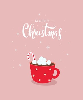 Merry Christmas cute greeting card design with handwritten calligraphy and hot chocolate drink with marshmallow vector