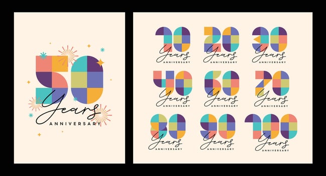 Anniversary number logo concept design featuring a modern geometric style. a set of numbers with colorful fireworks and celebratory backgrounds. Perfect for milestone events, festive occasions. vector