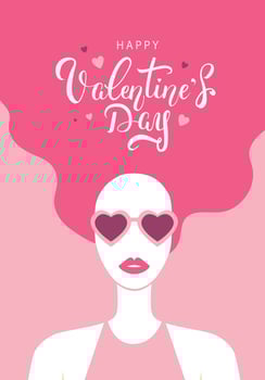 Girl portrait in heart-shaped sunglasses and pink hair. Valentine's day greeting card with handwritten calligraphic text vector