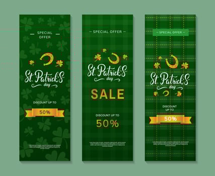 Set of vertical posters for St. Patrick's Day sale. Flyer or web banner design template with handwritten lettering, text, horseshoe and clover symbols vector