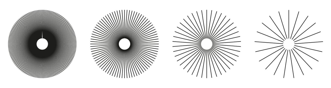 Sun star rays, burst. Radial circle radiation lines. Spokes with radiating stripes grid. Circulars lines beams. Abstract illusion simple geometric pattern. Minimalist graphic. vector