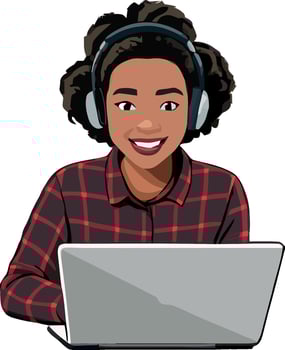 A woman in headphones is using a laptop vector