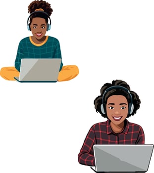 Two women with headphones sitting on the floor with laptops vector