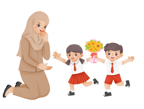 A woman is holding flowers and children are running png