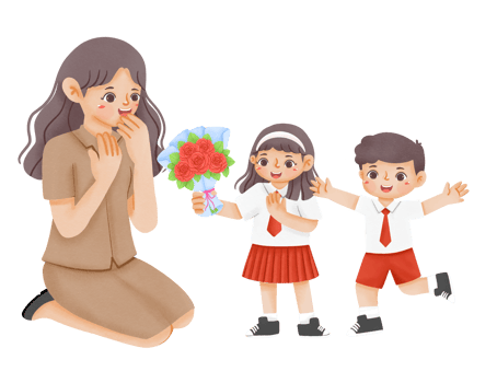 A woman and two children are giving flowers to each other png