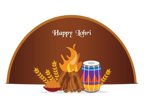 Happy Lohri Celebration Poster with Colorful Dhol Instrument, Bonfire, Indian Sweet Laddu, Wheat Ears on Brown and White Background. vector