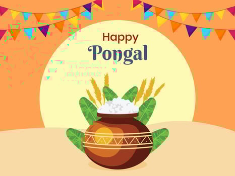 Happy Pongal Poster Design with Traditional Clay Pot of Rice Dish, Banana Leaves, Wheat Ear, Bunting Flag Decorated on Orange and Yellow Background. vector